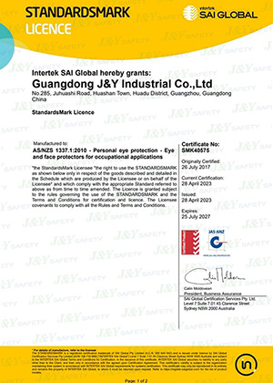 Safety glasses SAI Global certificate